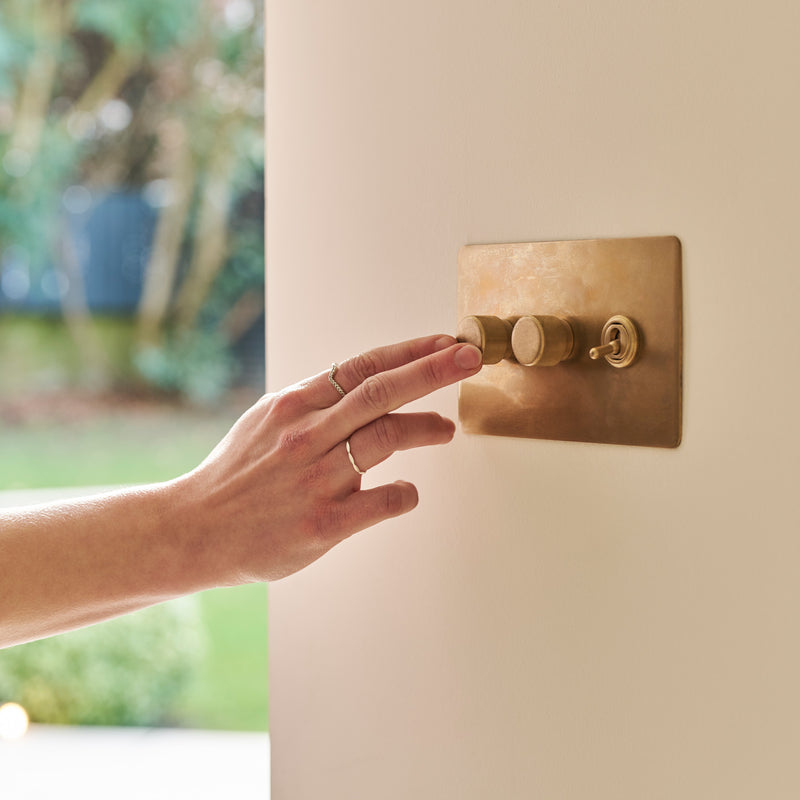 A hand reaches to adjust a stylish brass light switch on a wall, with greenery visible in the background.
