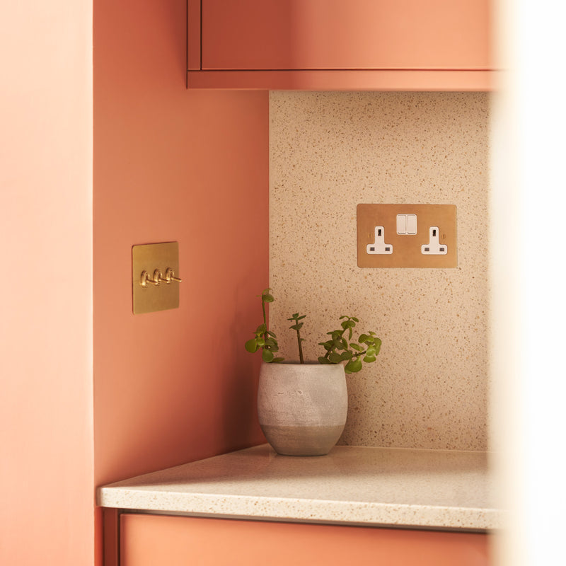 Corner of a stylish kitchen with terracotta walls, a speckled countertop, and a small potted plant on display.