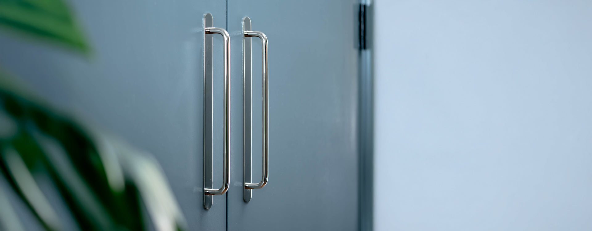 Close-up of sleek stainless steel cabinet handles on a modern light blue cabinet, with soft green foliage blurred in the foreground.

